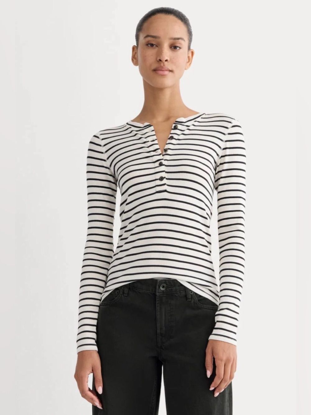 New Everlane THE LUXE RIB HENLEY in Bone/Black Size XXL